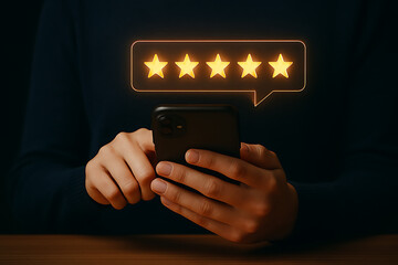 Customer gives five star rating on a smartphone