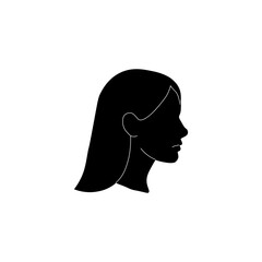 Minimalist black silhouette of a woman in profile with long straight hair flowing behind. Clean vector design with feminine aesthetic, suitable for beauty-related branding, avatars, and fashion-themed