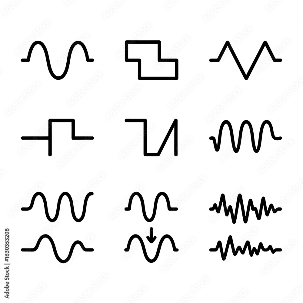 Poster waveform icon set. outline icon set of frequency signals: sine wave, square wave, triangle wave, pul