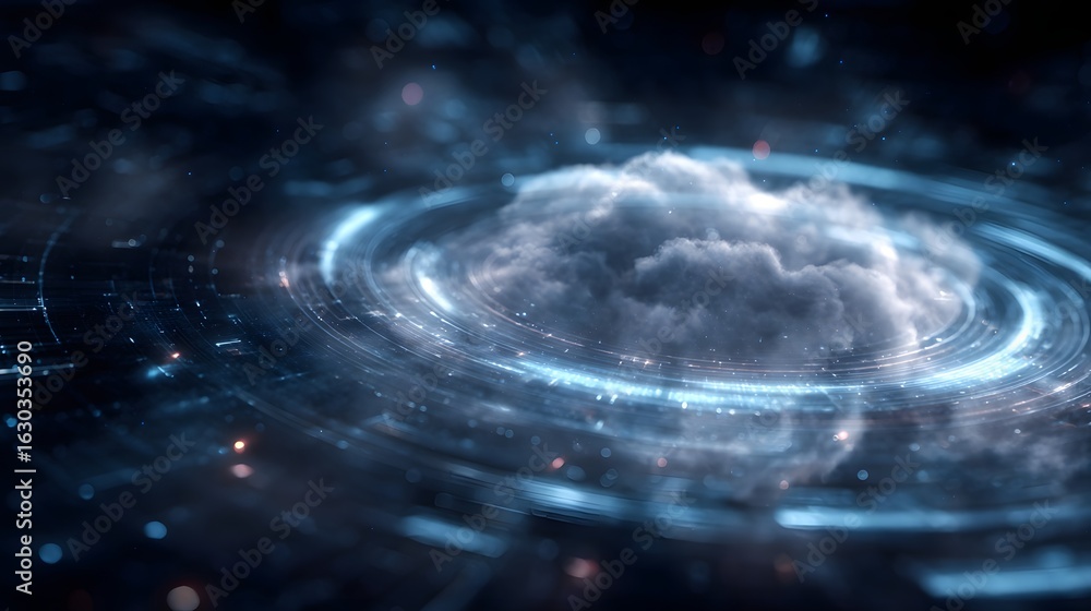 Sticker swirling cloud hologram with flowing data particles