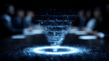 Holographic sales funnel icon hovers over conference table with digital meeting lighting and sharp focus