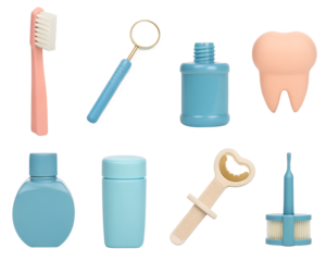 Dental essentials 3d set: oral hygiene, toothbrush, toothpaste icons in 3d style
