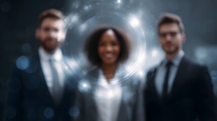 Business team collaborating with holographic data projections