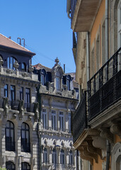 Ornate elegant building facades at historic center of  porto city, portugal