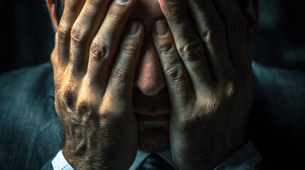 Man in suit expresses deep concern and stress reflecting on economics recession analysis
