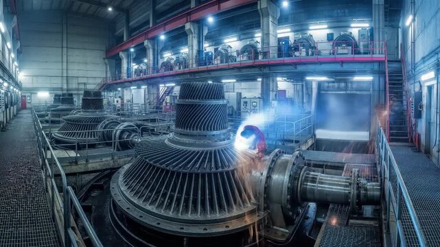 A welder works on a large hydro turbine inside a hydroelectric power plant with rows of industrial machinery. The scene shows electricity production and heavy industry.