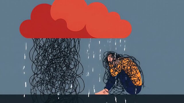 Symbolic illustration of a person struggling with depression anxiety and overwhelming sadness The individual is shown under a red storm cloud representing menta