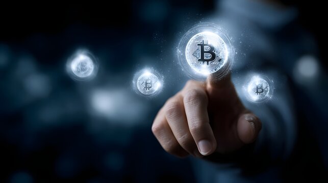 Fintech entrepreneur reviewing holographic crypto icons
