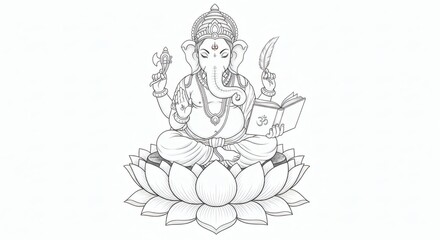 Elegant Ganesha Drawing Line art illustration of the Hindu deity seated on a lotus, symbolizing wisdom, prosperity, and new beginnings.