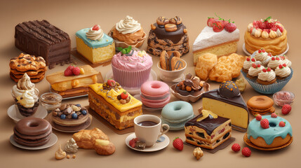3d dessert. Bakery shop sweets, pastries and cakes. Realistic ice cream, pie and cookies. Chocolate and cupcake, donut, pithy vector clipart