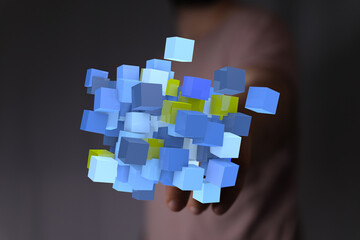 3D rendering of blue and yellow cubes, data, technology, innovation concept.