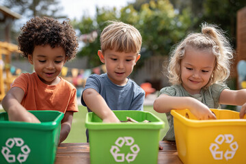Children actively sorting recycling materials into bins during an outdoor educational activity