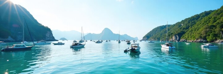 Fototapeta premium A tranquil scene of numerous boats anchored in a calm bay, gently bobbing on the water under a clear sky Perfect for travel, vacation, or nautical themes , fishing boats, landscape, peaceful