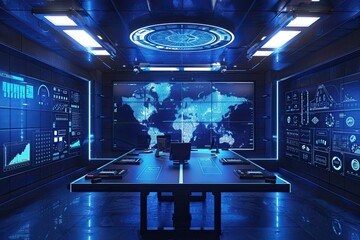 Futuristic home security room with digital maps and live surveillance feeds