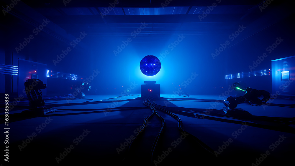 Poster ai generated image of a glowing blue orb hovers above a complex machine in a dark, futuristic labora