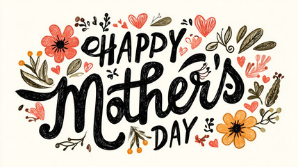 beautiful happy mother's day typography with decorative flowers and hearts. versatile design for creating cards, posters, and heartfelt digital messages.