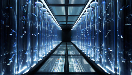 Ai generated image of a futuristic server room glows with blue light, showcasing the heart of data processing and technological innovation