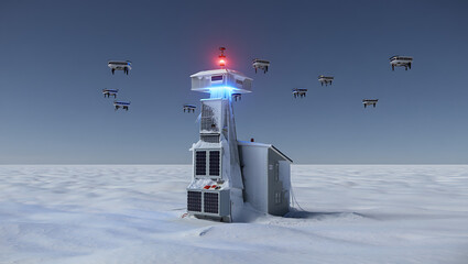 Ai generated image of a futuristic research station in antarctica is surrounded by a swarm of drones, highlighting the use of advanced technology for scientific exploration in extreme environments