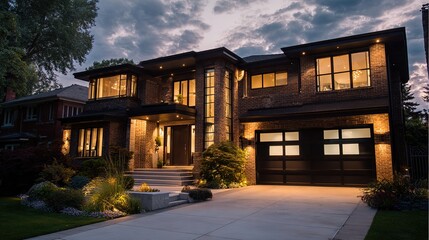 Contemporary suburban home at dusk, warm interior lights glowing through the windows.