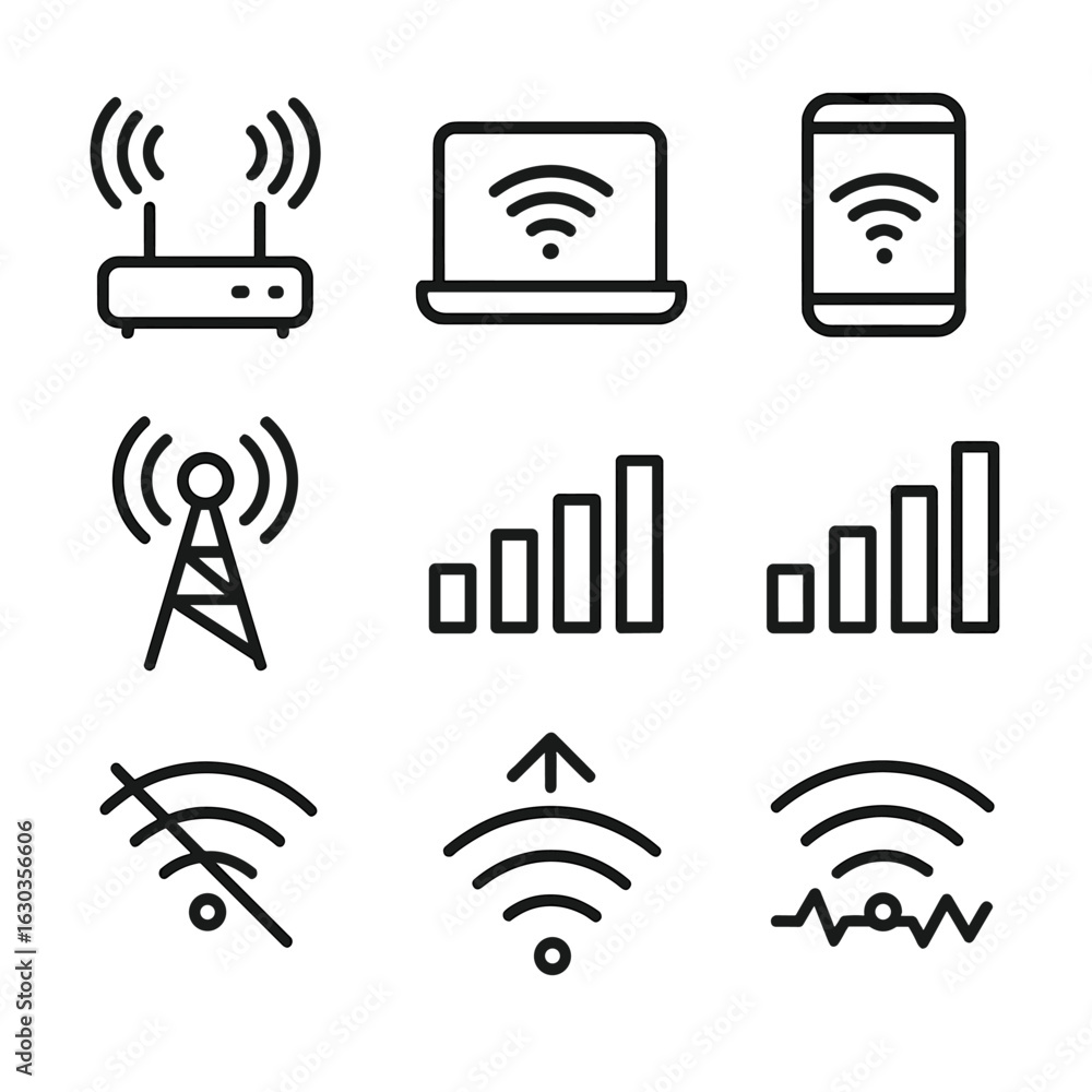 Poster wi-fi signal icons. outline icon set of wi-fi signal indicators: router with waves, laptop with wi-f