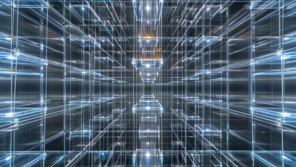 Ai generated image of a complex grid structure creates a futuristic and technological abstract pattern with geometric cubes and a sense of perspective