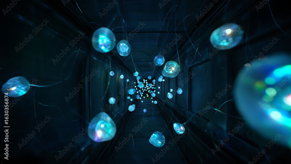 Poster ai generated image of a mesmerizing tunnel of glowing orbs creates a futuristic and abstract scene, 