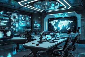 Futuristic home security room with digital maps and live surveillance feeds