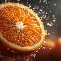 Close-up of an orange slice mid-splash, captured with dramatic lighting against a dark background.