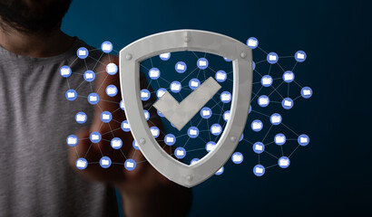 Ensuring data safety with robust file protection and network security.  Shield symbolizes strong...