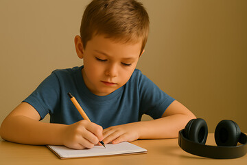 A diligent young student concentrates on his homework, writing in a book at a desk with a pencil