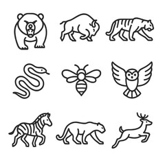 Naklejka premium Wildlife Outline Icons. Outline icon set of untamed wildlife: fierce bear, charging bison, stalking tiger, jumping deer, crawling