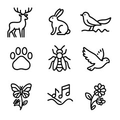 Wildlife and Physics Icons. Outline icon set of wildlife at first light: deer silhouette, rabbit outline, bird song wave, fox