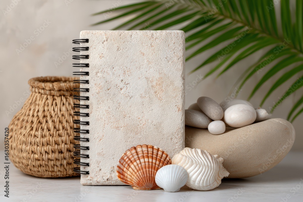 Poster elegant stationery arrangement featuring a textured notebook alongside assorted seashells and smooth