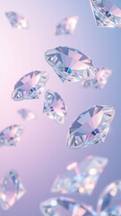 Shimmering diamonds floating in soft pastel background create luxurious and elegant atmosphere, perfect for showcasing beauty and opulence