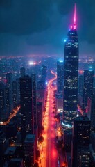 Fototapeta premium Futuristic city skyline at night, glowing with vibrant, innovative lighting technology A vision of advanced urban design and sustainable energy solutions , innovation, bright, futuristic city