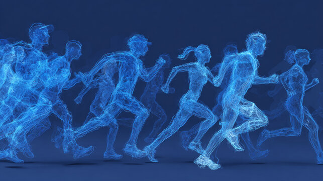 Blue dynamic silhouette of diverse group of people running background illustration