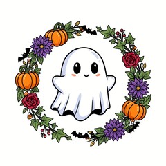 Cute cartoon halloween ghost surrounded by vibrant floral wreath