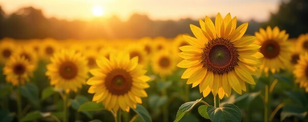 Obraz premium Golden hour sunlight bathes a field of ripe sunflowers, heavy with seeds, swaying gently in the warm summer breeze A perfect image for harvest, abundance, and summer joy , gold, nature, golden light