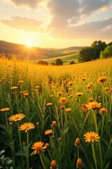 Obraz premium Golden hour sunlight bathes a vast, undulating field of wildflowers and tall grasses, creating a breathtaking summer landscape Perfect for idyllic, nature-themed projects , scenic, grasses