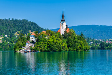 The beautiful Lake Bled and Bled  Island in Slovenia in Europe