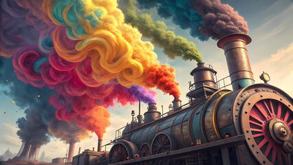 A vibrant steam train billowing colorful smoke against a blue sky, a whimsical blend of vintage technology and artistic expression, perfect for adding a touch of fantasy