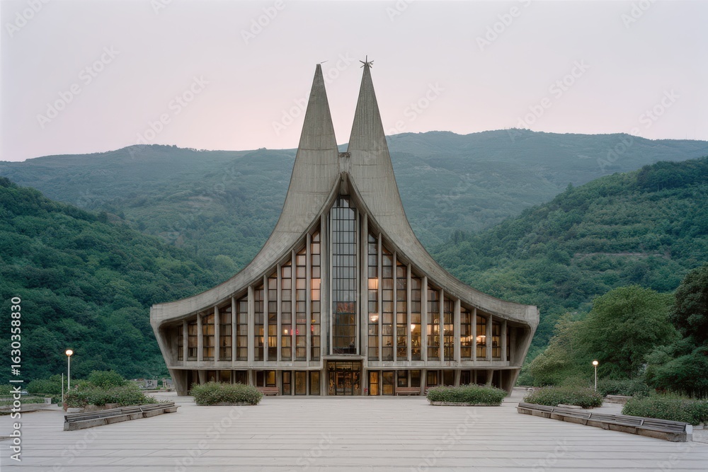 Poster majestic architectural masterpiece of modern design set against a green backdrop showcasing bold lin
