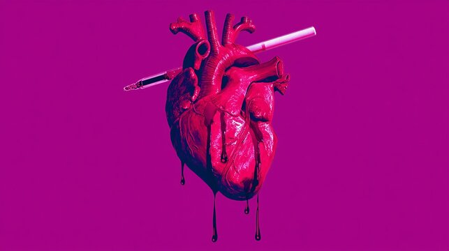 of a human heart pierced by a cigarette, dripping dark tar-like substance, on a solid purple background. Visual metaphor for how smoking affects the heart. heart damage, cigarette impact, smoking 