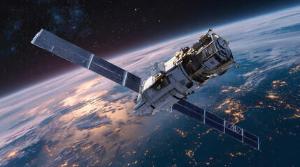 Obraz premium Sleek High-Tech Artificial Satellite Orbiting Earth Amid Twinkling Stars Stock Illustration
