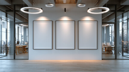 Three blank frames in modern office space