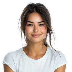 Fototapeta premium Front view close up of an extremely beautiful young woman from Uzbekistan in a white t-shirt smiling isolated on a white transparent background