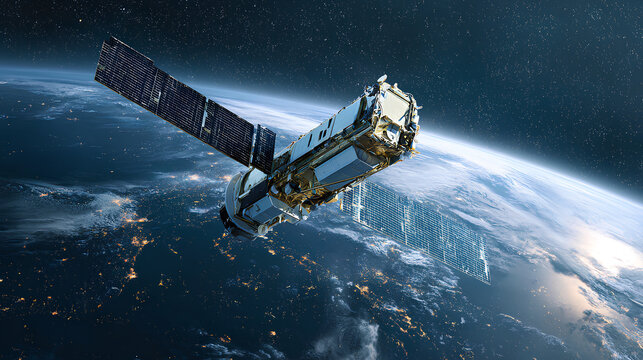 Sleek High-Tech Artificial Satellite Orbiting Earth Amid Twinkling Stars Stock Illustration