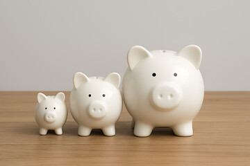 Three white piggy banks of varying sizes lined up