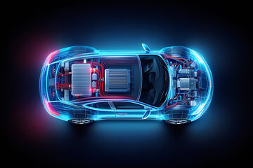 Transparent electric car with glowing internal components