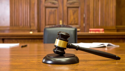 Close-up of gavel on judge desk, symbolizing court trial, justice and legal decisions in courtroom